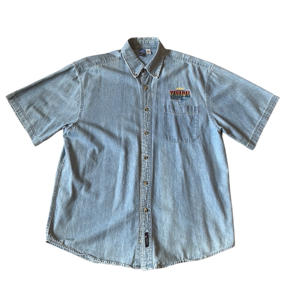 Men’s Denim Button Down Shirt Blue Short Sleeve Embroidered Graphic Arizona XL - Picture 2 of 11